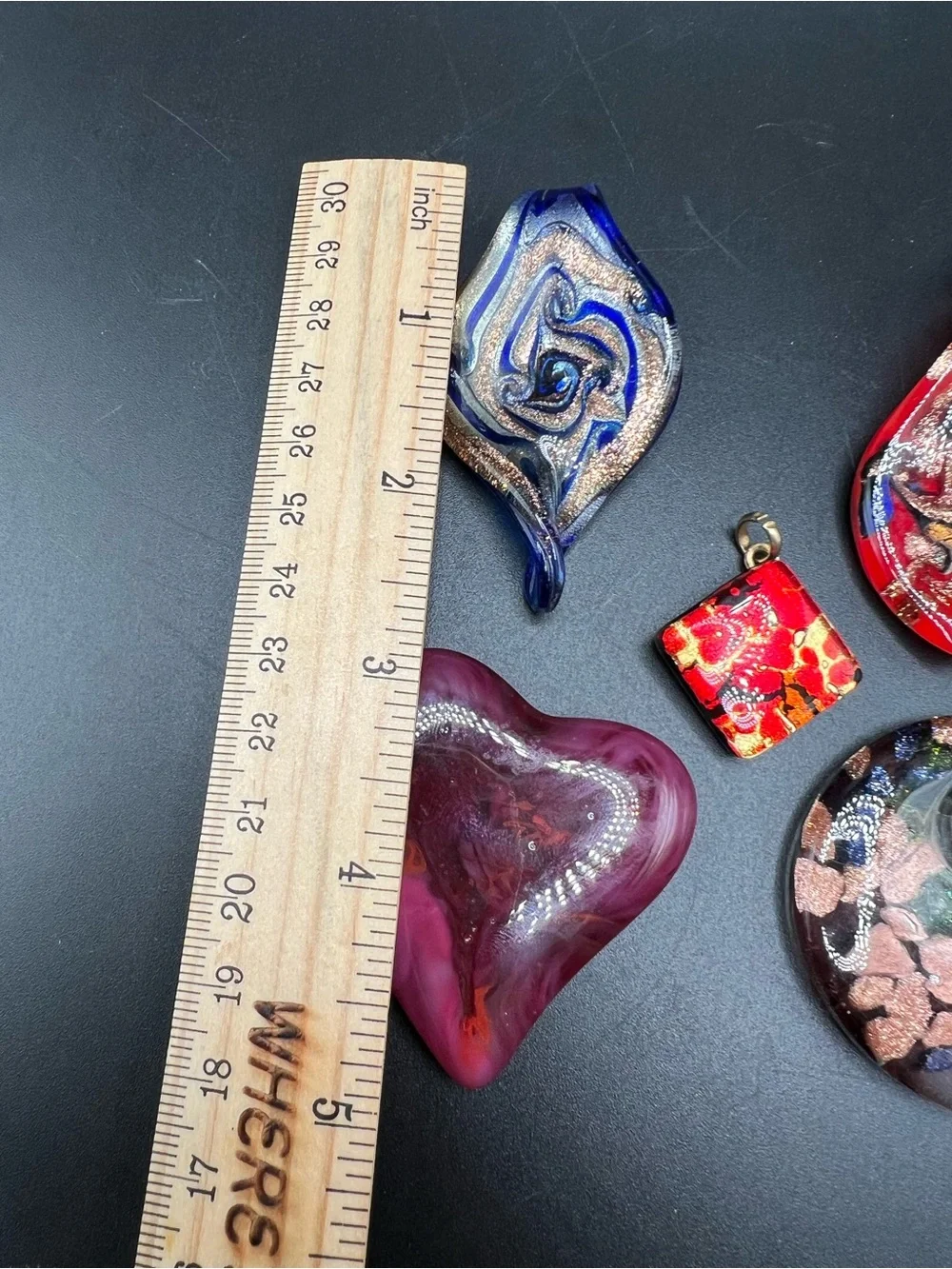 Lot of 5 Art Glass Pendants Hand Blown Dichroic Glass Heart Disc Jewelry Making